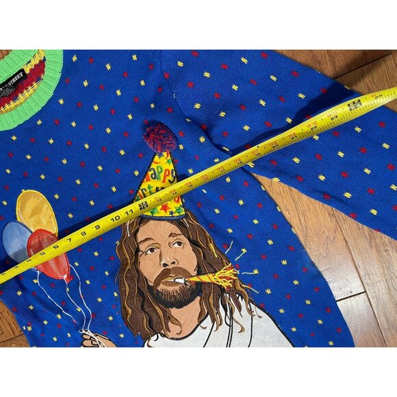 Happy Birthday Jesus Ugly Christmas Sweater Size S Wearing Party Hat Colorful - Picture 6 of 6